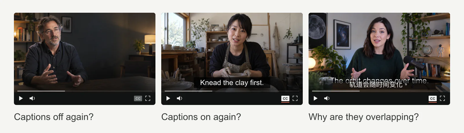 Illustration of three caption frustrations: captions missing, returning unexpectedly, and overlapping subtitles in the picture.