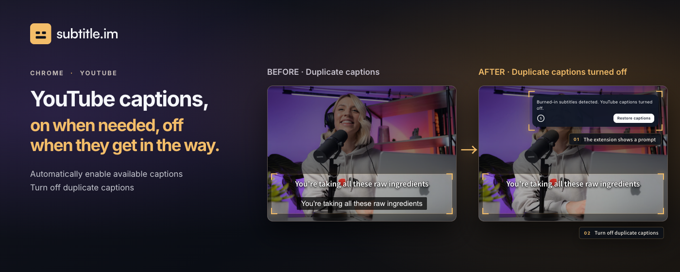 Illustration of duplicate captions before and after the YouTube layer is turned off.