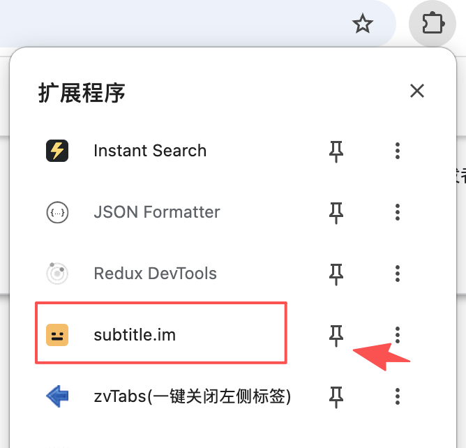 कई एक्सटेंशन वाले Chrome मेनू में subtitle.im को चिह्नित किया गया है और तीर उसके पिन बटन की ओर है