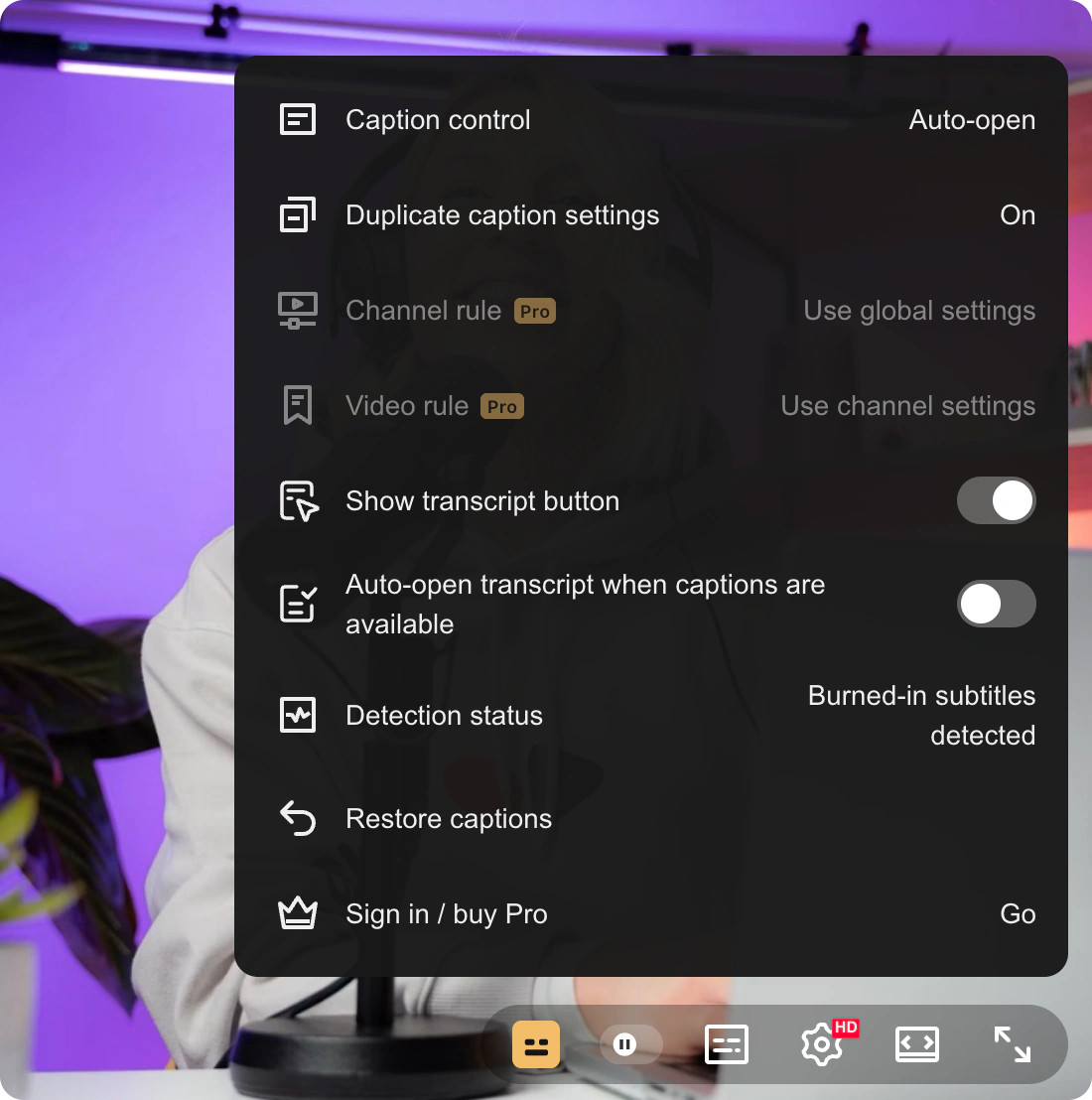 Free player menu illustration with the gold icon, burned-in subtitle detection status, and Restore captions