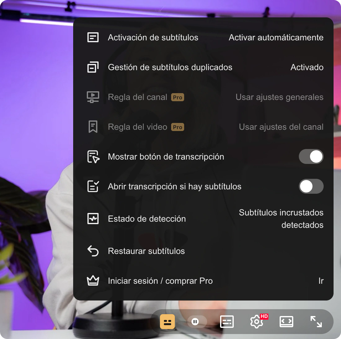 Ilustración del menú gratuito del reproductor, con el icono dorado, el estado de detección de subtítulos incrustados y Restaurar subtítulos