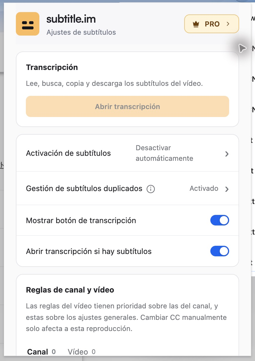 Ajustes reales de la extensión local: control de subtítulos y duplicados independientes. La cuenta muestra los derechos capturados.