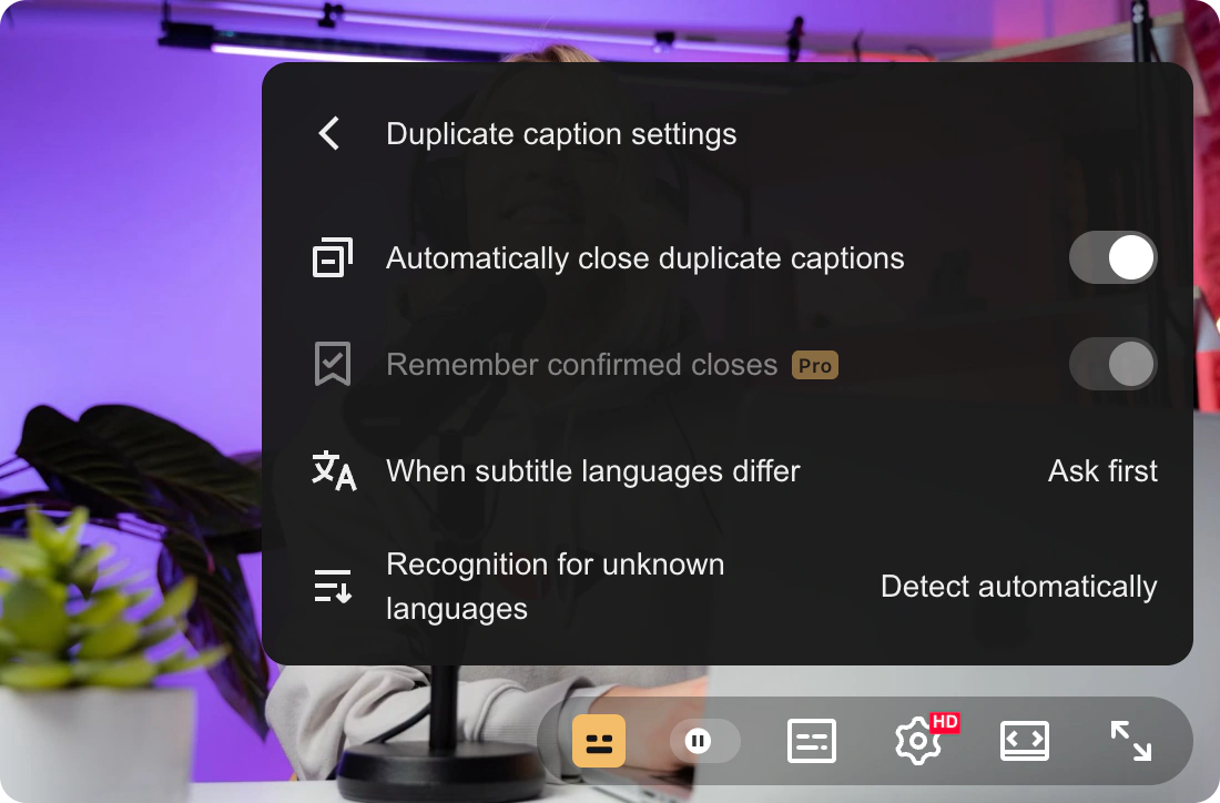 Free duplicate caption settings illustration with the gold player icon, Ask first selected, and Pro features locked