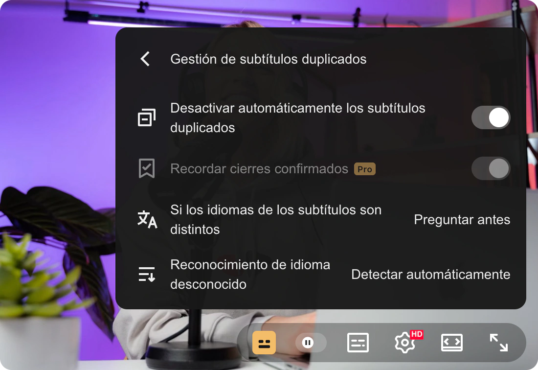 Ilustración de los ajustes gratuitos de subtítulos duplicados, con el icono dorado, Preguntar primero y las funciones Pro bloqueadas